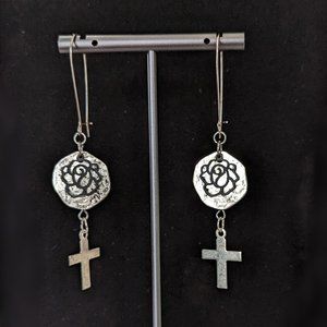 Silver Cross Earrings with Black Roses